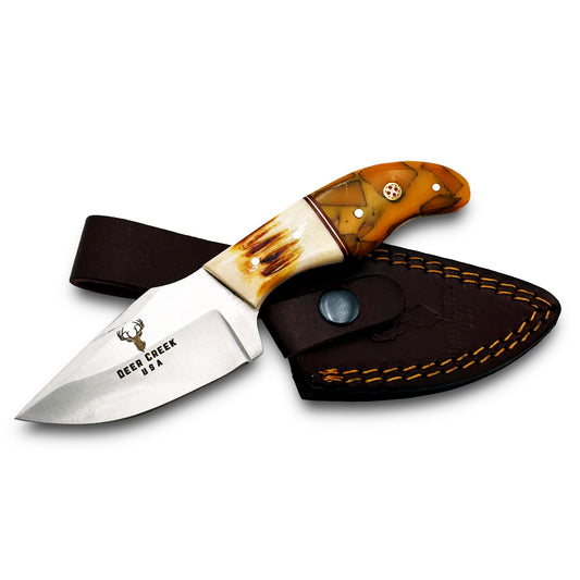DC 001 7" Deer Creek Yellow Resin & Bovine Short Skinner Hunting Knife with Leather Sheath