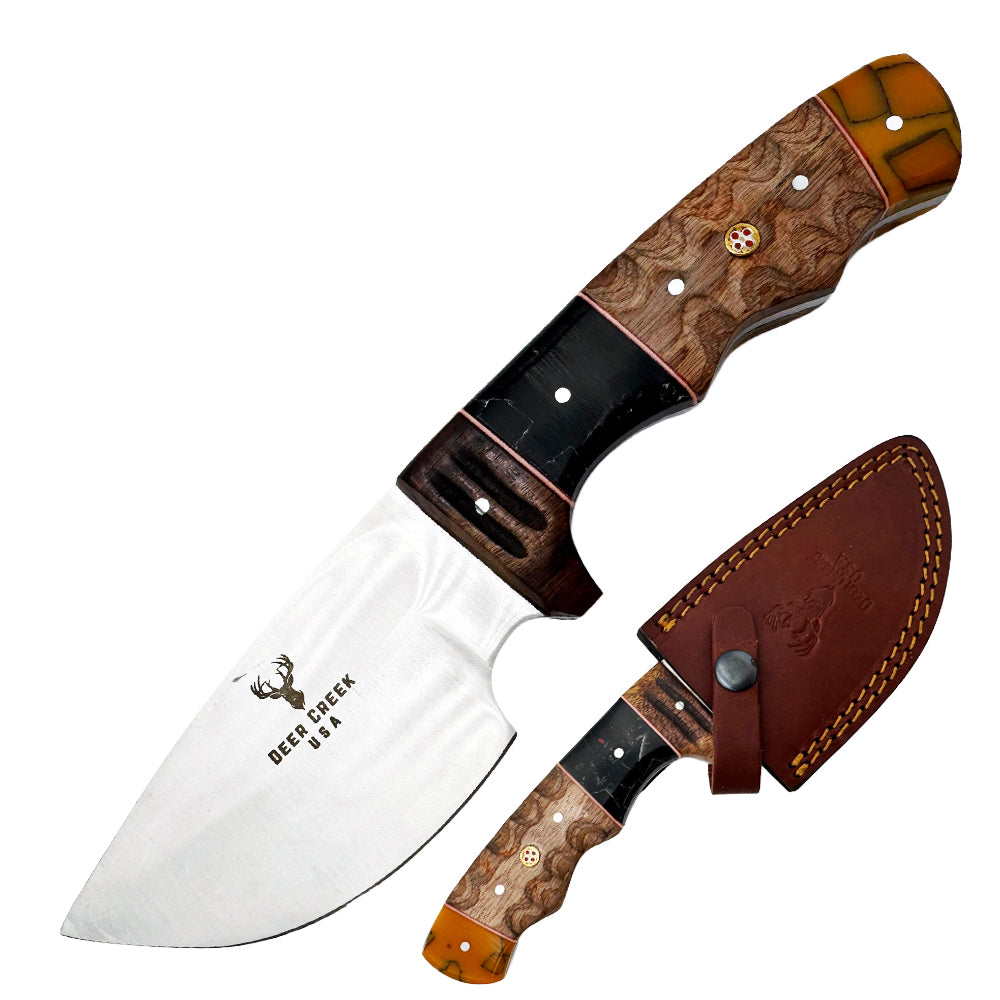 DC 005 9.5" Deer Creek Multi-Color Wood & Resin Hunting Knife with Leather Sheath