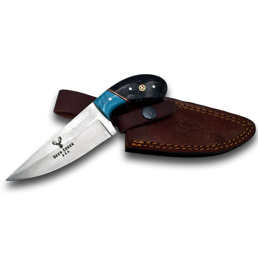 DC 006 7.25" Deer Creek Black & Turquoise Short Handle Skinner Knife with Leather Sheath