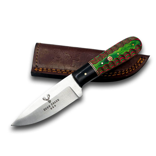 DC 012 8" Deer Creek Green & Black Spilt Pakkawood Handle Hunting Knife with Leather Sheath