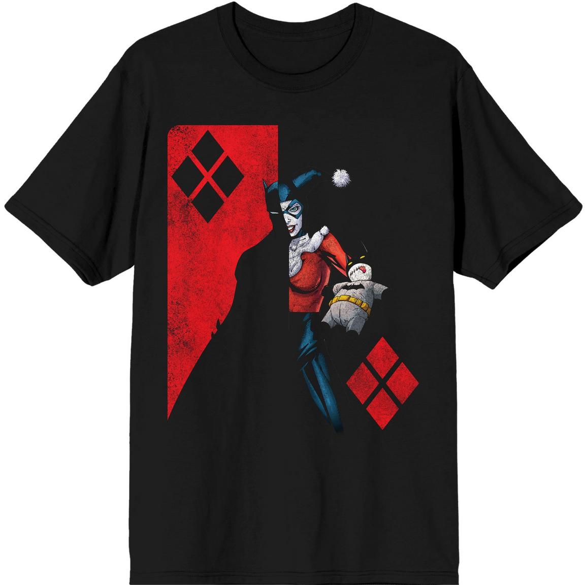 Men's graphic T-shirt by Bioworld featuring a half Harley Quinn and half Batman DC Comics design with short sleeves.