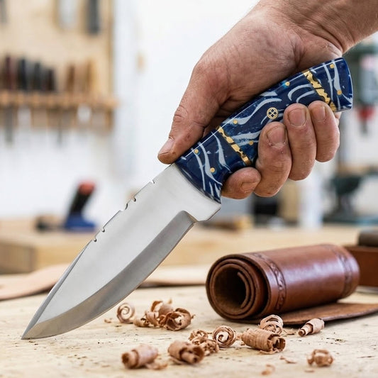 DC 778-BL 10" Deer Creek Blue Acrylic Handle Hunting Knife with Leather Sheath