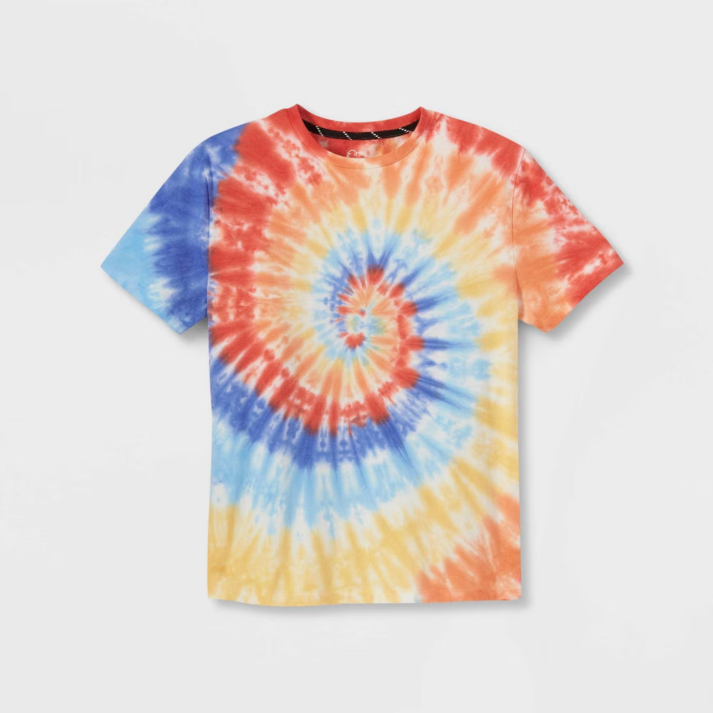 Boy wearing Rex Distributor Inc. swirl tie-dye graphic short sleeve T-shirt with vibrant colorful patterns on the front.