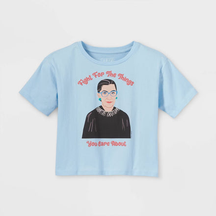 Girls' blue Mad Engine graphic T-shirt with "Fight For Things You Care About" slogan, short sleeve and cropped style.
