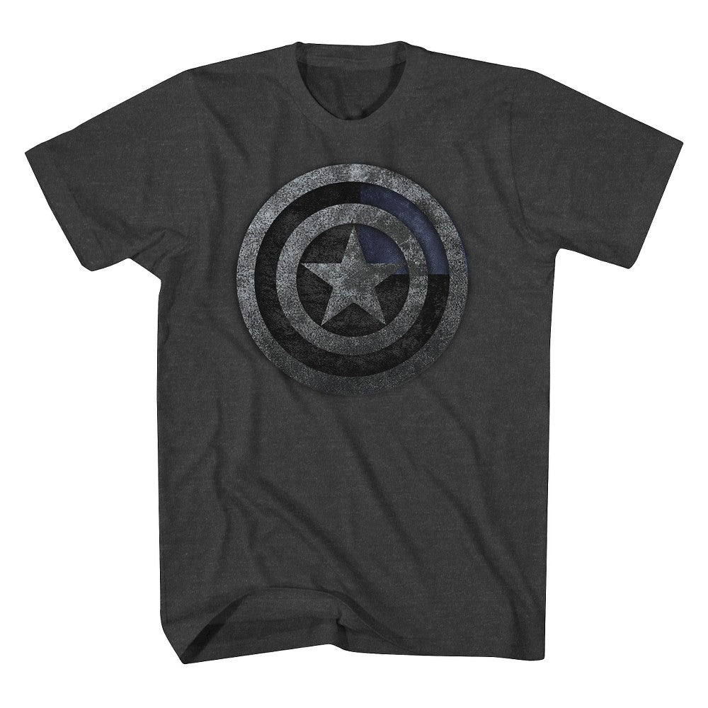 Marvel Captain America logo graphic T-shirt by Mad Engine, charcoal heather short sleeve shirt with bold Captain America emblem.