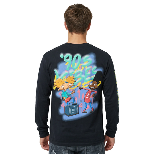 Men's black long sleeve graphic tee featuring Hey Arnold & Gerald 90s vibes, by Rex Distributor, Inc.