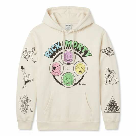 Men's Rick and Morty graphic hoodie pullover by Mad Engine featuring cartoon characters on black fabric.