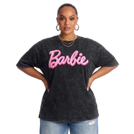 Women's Junior Barbie acid wash graphic t-shirt, stylish Rex Distributor, Inc. shirt featuring a vibrant graphic design.