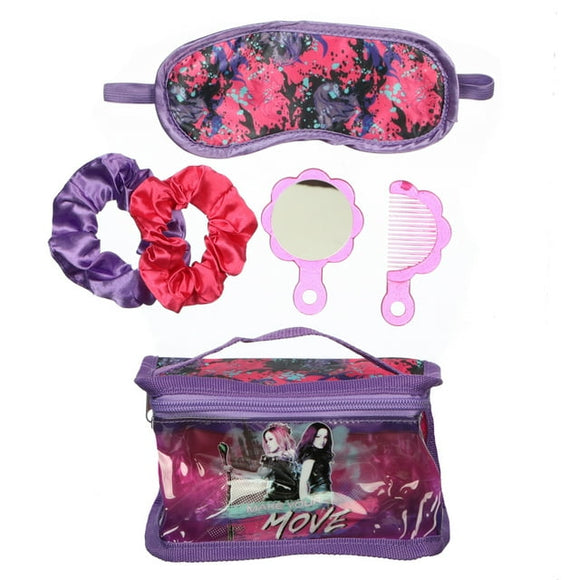 Girls Disney Descendants 6.5 Inch Clear Utility Case with Sleep Mask, Hair Ties and Comb & Mirror Set