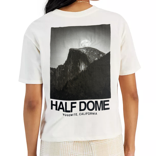 Women Junior's White Half Dome Yosemite Graphic Crop Top T-Shirt