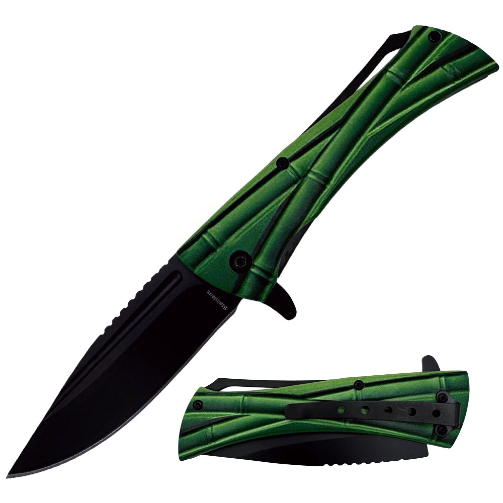 Spring assisted tactical knife with green bamboo handle, KN 1807-GN, featuring assist-open mechanism and durable blade.