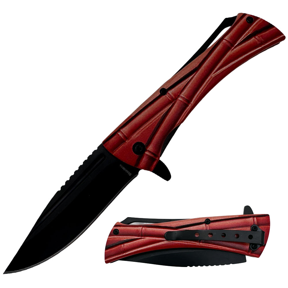 Red bamboo handle Rex KN 1807-RD spring assisted tactical knife with 4.25-inch blade and assist-open mechanism.