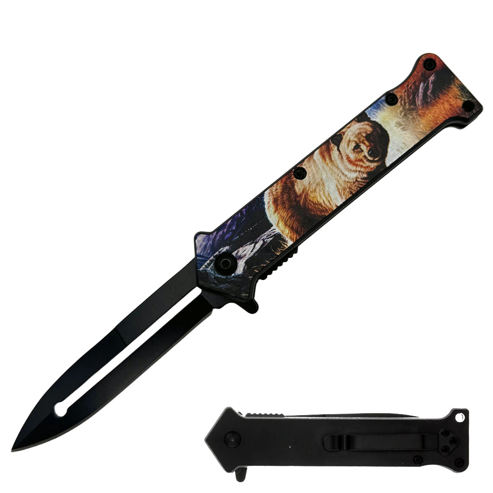 Spring assisted tactical knife with a glowing Bear handle and 4.5-inch blade, designed for easy assist-open action.