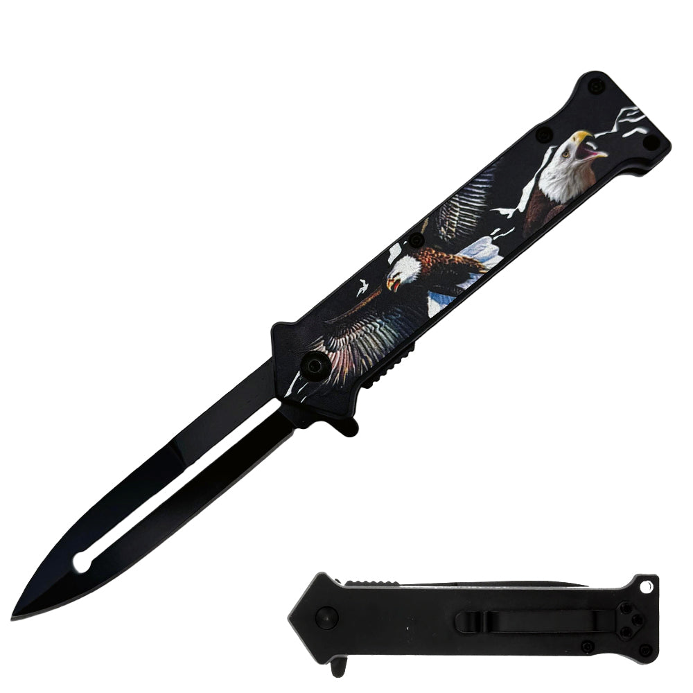 Spring assisted tactical knife with eagle glow-in-the-dark handle, 4.5-inch blade, designed for tactical and outdoor use.