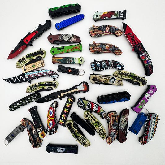 Set of 36 Rex Distributor pocket knives in a display jar, featuring mixed blade styles and handles for versatile outdoor use.