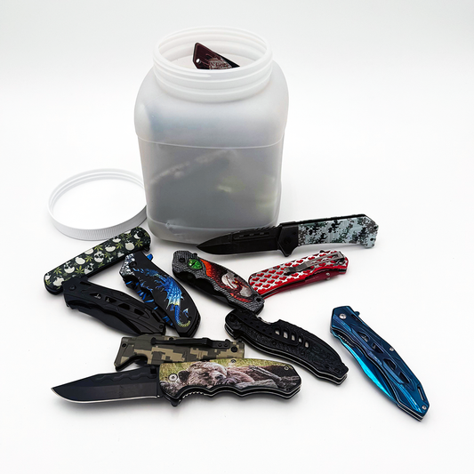 Set of six mixed pocket knives from Rex Distributor, Inc., displayed in a clear jar with various handle styles and blade shapes.