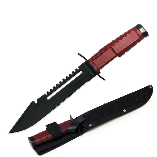 KN 1298-W 13" Red Woodgrain Design Handle Saw Back Combat Knife with Sheath