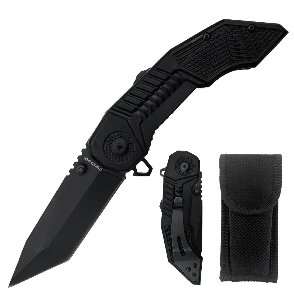 Black heavy-duty folding tactical knife with assist-open mechanism and sheath, designed for durability and easy carry by Rex Distributor.