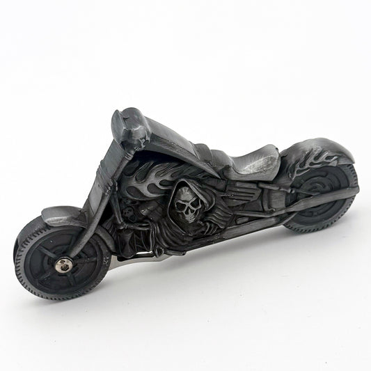 Heavy metal skeleton motorcycle display folding knife by Rex Distributor, Inc., featuring a 4.75-inch manual folding blade.