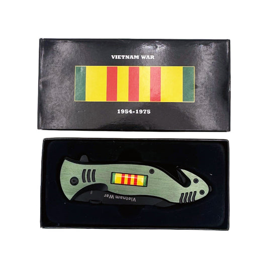 Spring assisted tactical knife with open folding blade, Vietnam Memorial Rescue Assist design, by Rex Distributor, Inc.
