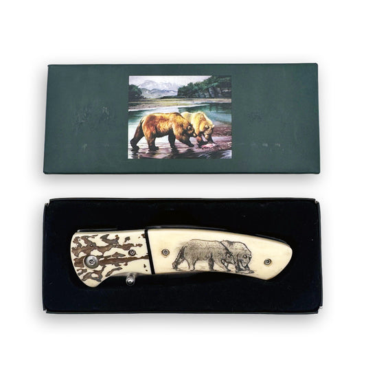 Rex Distributor KN 1859-B 4.25-inch sketch wildlife bear folding knife with belt clip, displayed open with detailed handle design.
