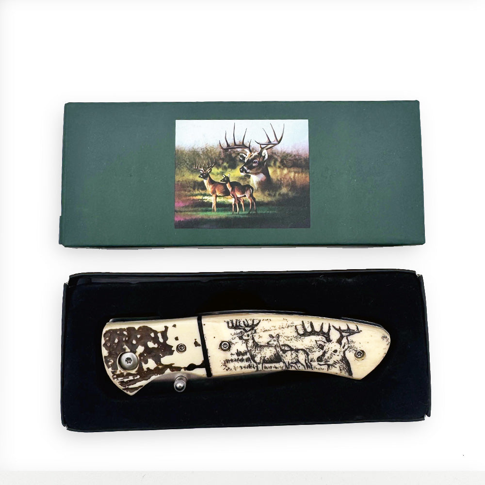 Display set of Rex Distributor's KN 1859-D 4.25-inch sketch wildlife folding knife with belt clip, shown in the image.