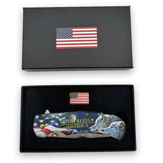Rex Distributor Wolf Assist open folding tactical knife with American flag pin, 4.75-inch blade, spring-assisted design.