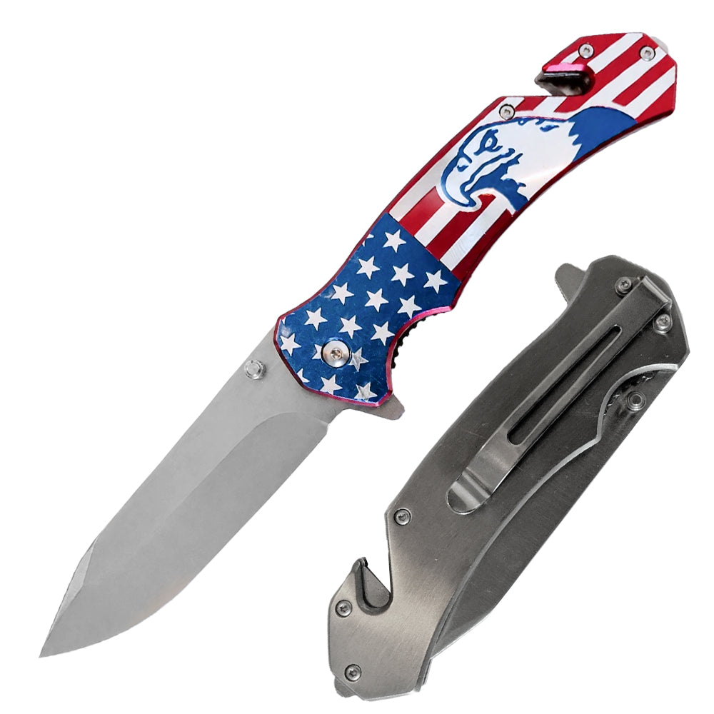 KN 1996-B 5" Metal Handle American Eagle USA Flag Folding Rescue Knife with Glass Breaker, Belt Cutter