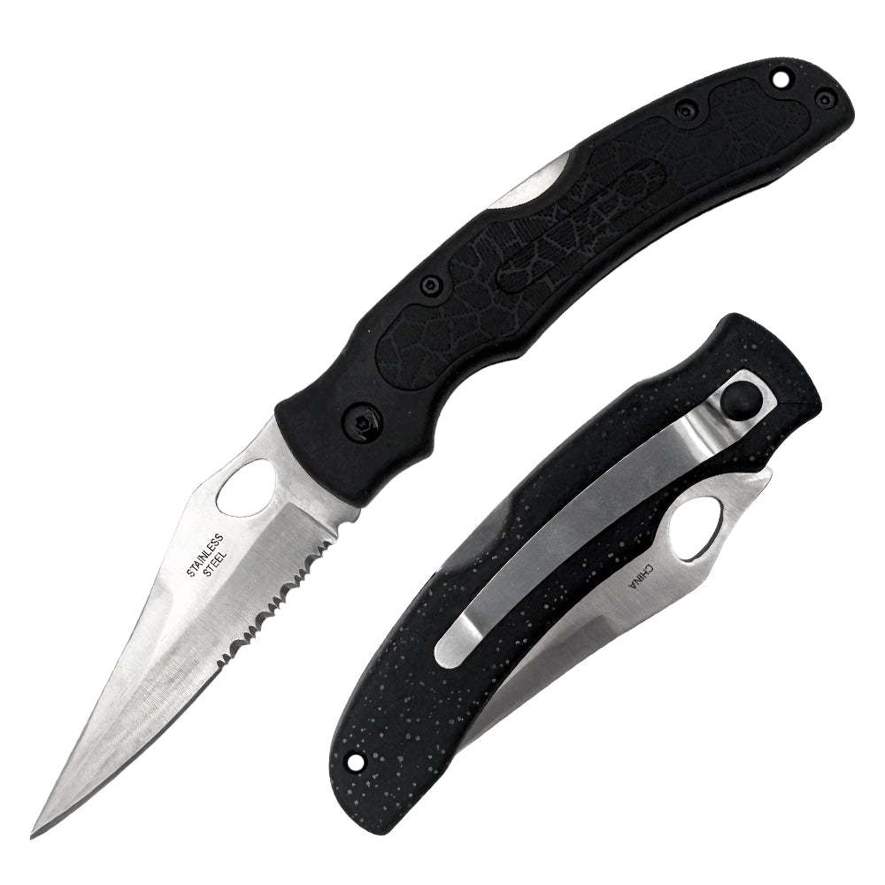 Black Rex Distributor Inc. KN 936-BK 5-inch partial serrated lockback folding knife with belt clip, manual EDC pocket knife.