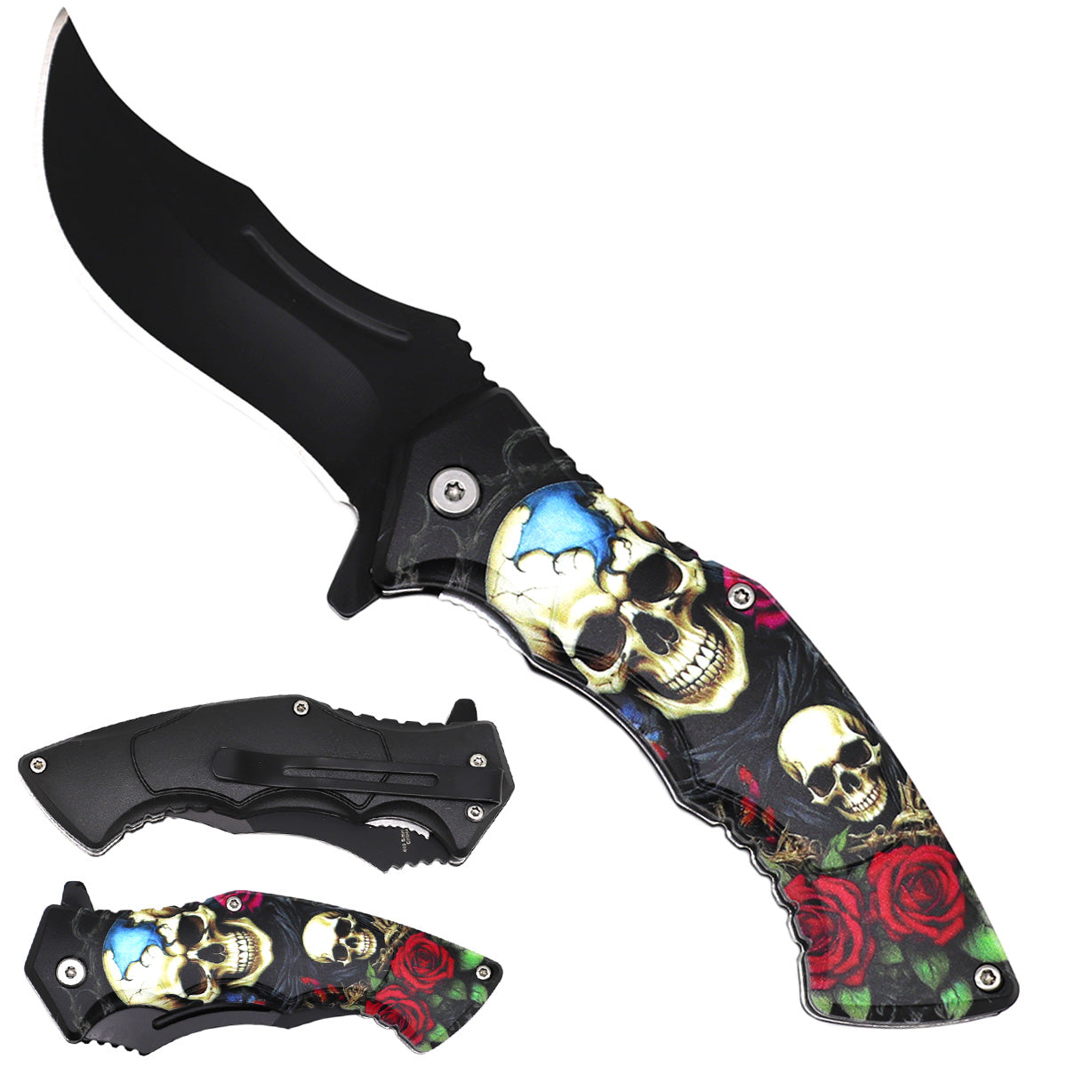 Rex Distributor KS 1340-SK3 tactical folding knife with skulls and roses design, 4.5-inch blade, spring-assisted open, black handle