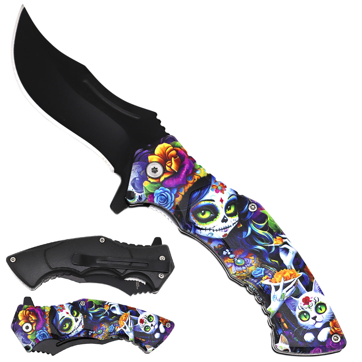 Rex Distributor KS 1340-SK4 4.5-inch skeleton and cat trailing point tactical folding knife with assist-open mechanism.