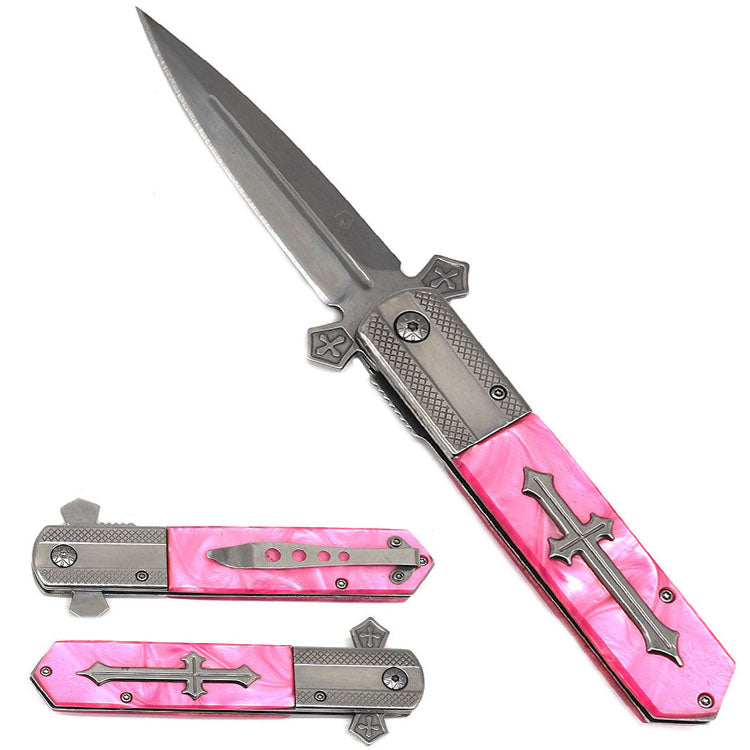 Pink faux marble handle folding pocket knife by Rex Distributor, Inc., spring-assisted tactical knife with assist-open mechanism.