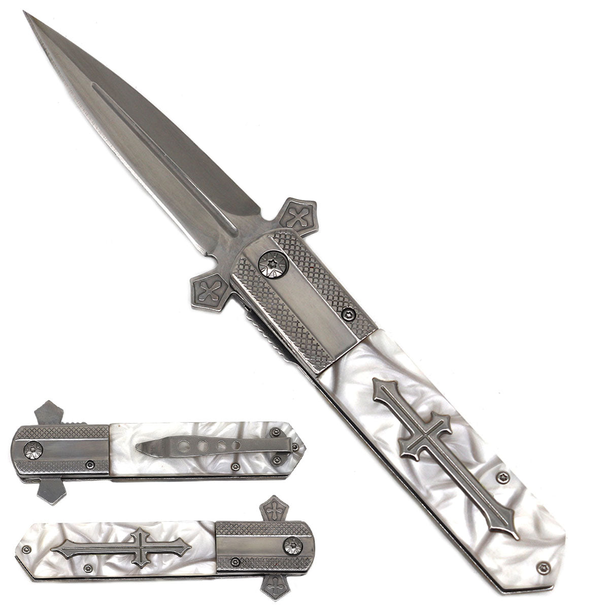 Rex Distributor Inc. KS 3004-CWT 5-inch white faux marble handle tactical pocket knife with assist-open spring mechanism.