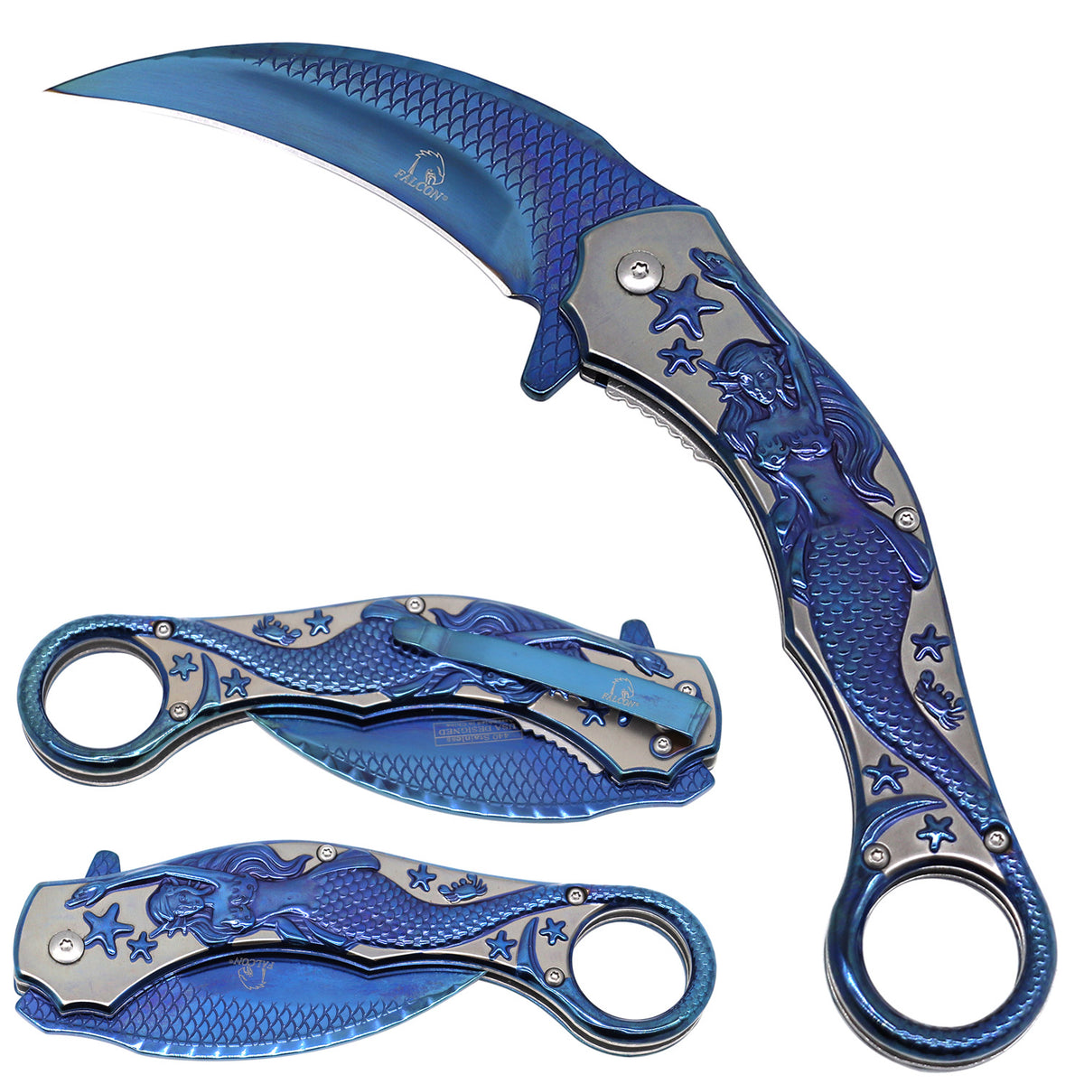 Blue mermaid design Rex Distributor 5.5-inch spring assisted tactical folding knife with assist-open Karambit style blade.