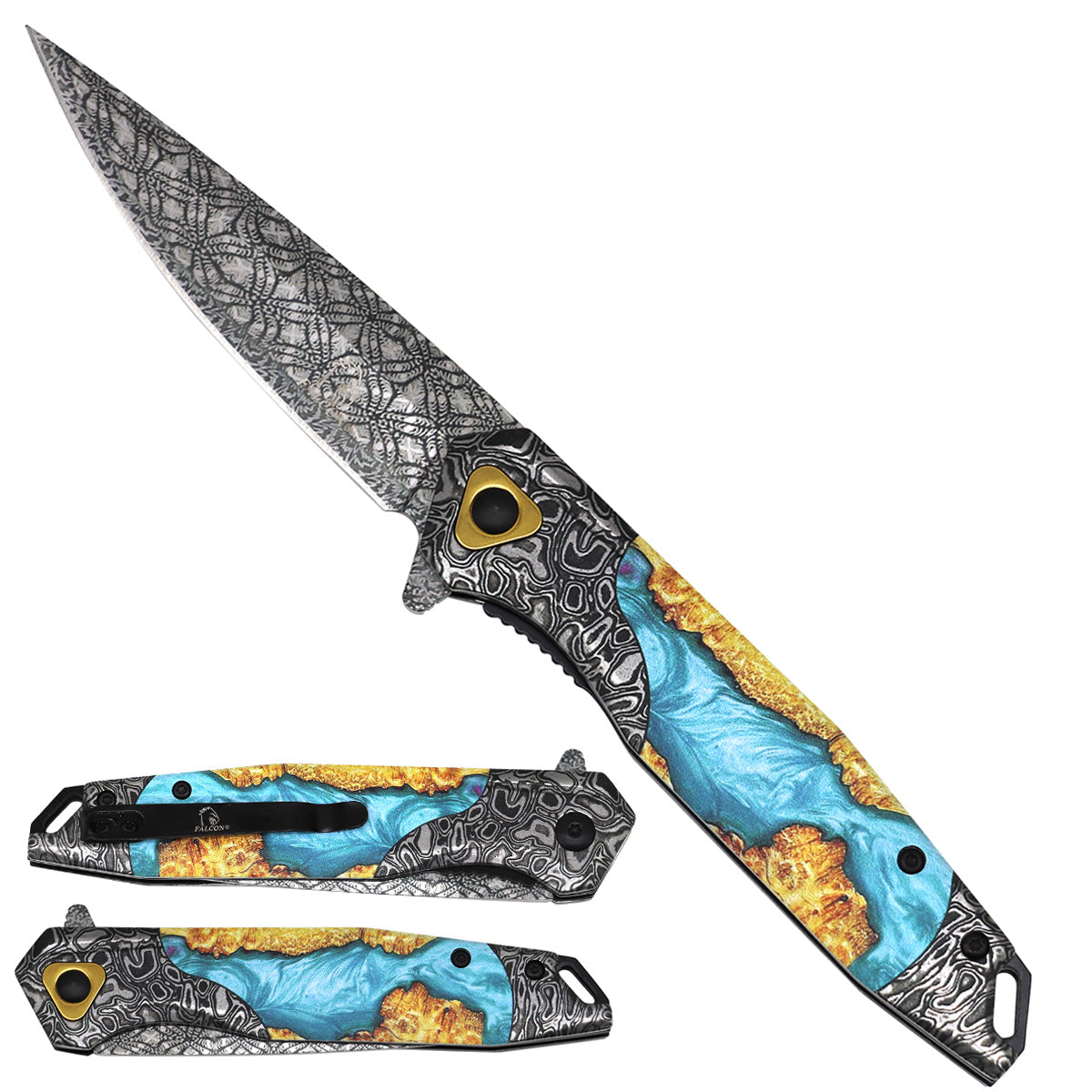 Blue Damascus pattern tactical pocket knife with assist-open mechanism, featuring a 4.5-inch blade from Rex Distributor, Inc.