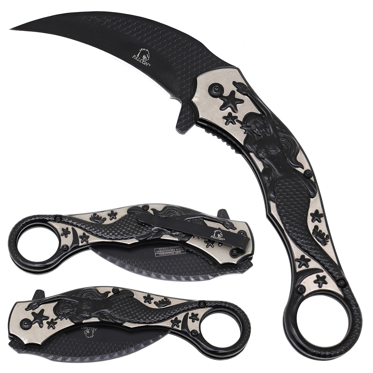Black KS 3009-BK 5.5-inch mermaid assist-open karambit folding knife from Rex Distributor, Inc., with tactical spring-assisted blade.