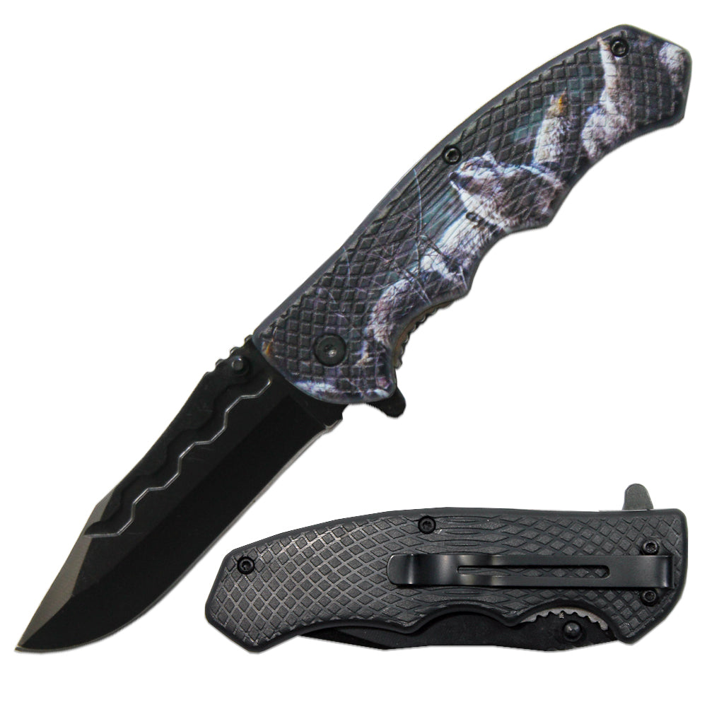 Rex Distributor LQ 3279-W2 4.5-inch textured wolf handle tactical folding knife with assist-open mechanism and belt clip.