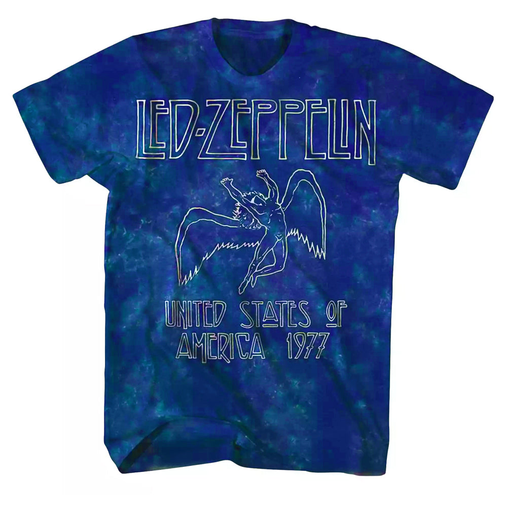 Men's Led Zeppelin Icarus '77 US Tour tie-dye T-shirt featuring band logo and vintage design by Rex Distributor, Inc.