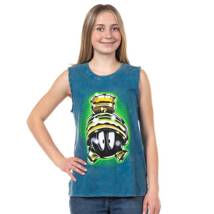 Women Junior's Looney Tunes Marvin The Martian Lace-Up Design Distressed Tank Top