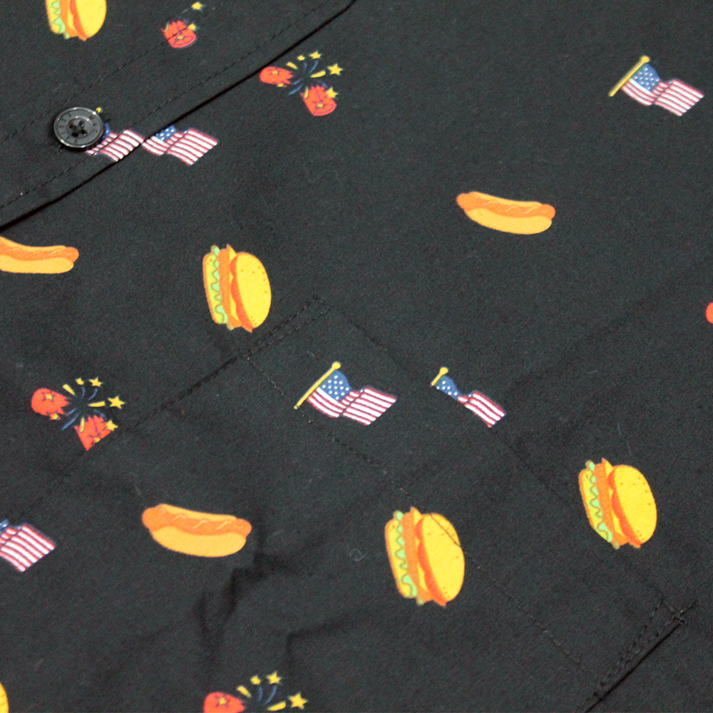 Men's short sleeve grill-themed button-up shirt by Rex Distributor, Inc., featuring Independence Day icons and patriotic design.