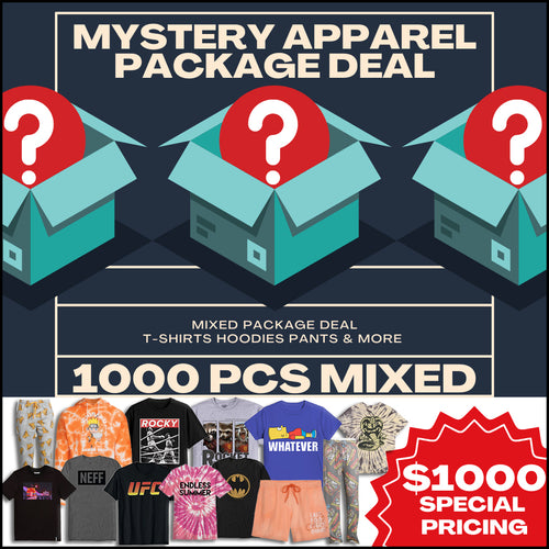 Assorted mystery apparel package from Rex Distributor, Inc., featuring a variety of clothing items in a sealed package.
