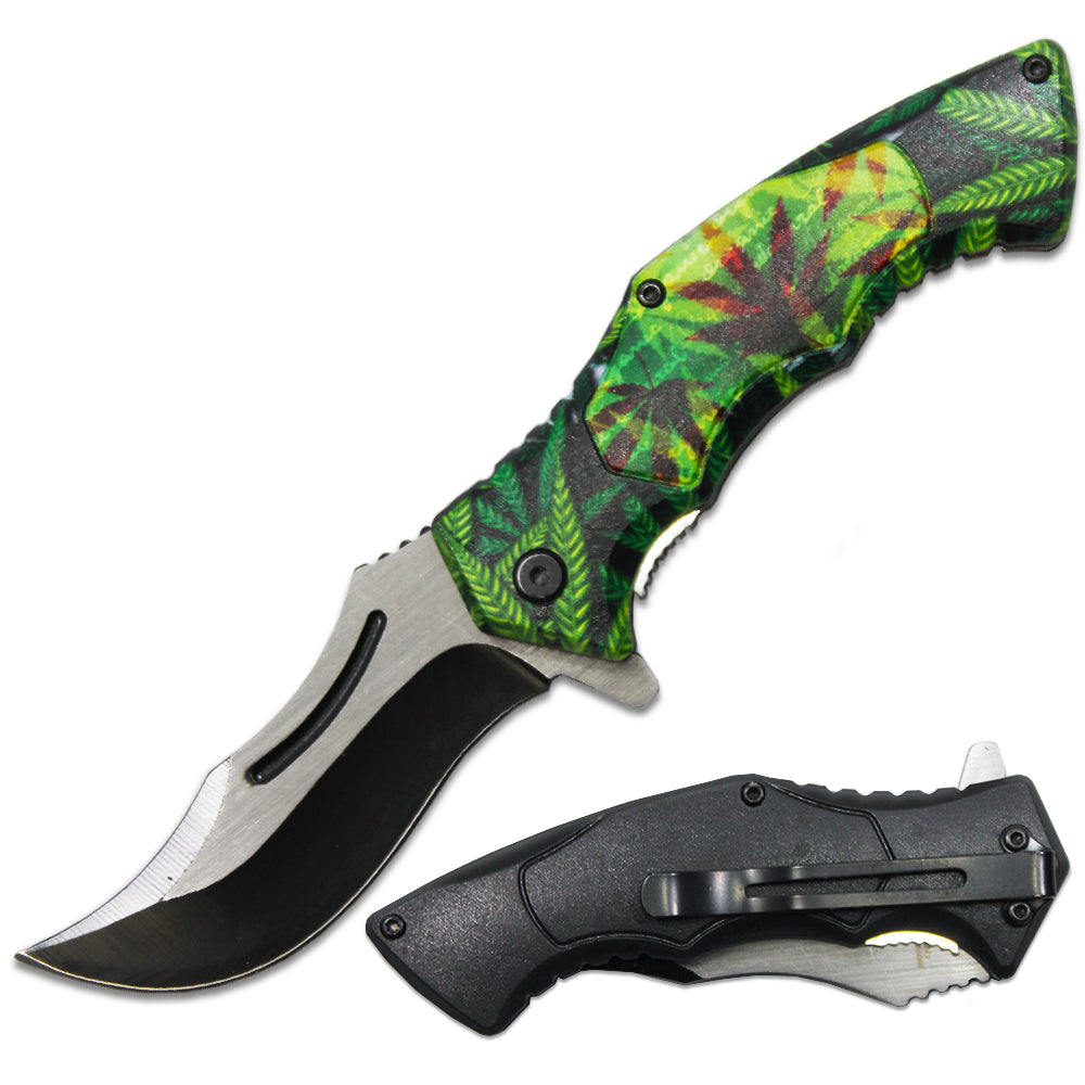 Rex Distributor PK 6080-M2 4.5-inch spring-assisted tactical folding knife with cannabis leaf handle and belt clip.