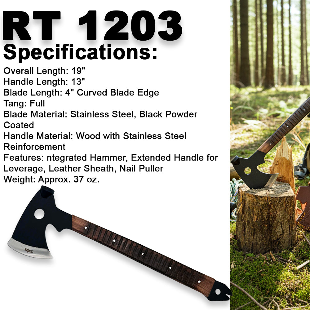 RT 1203 19" Rtek Wood Multi Tool Hammer Tactical Axe Hatchet with Leather Sheath