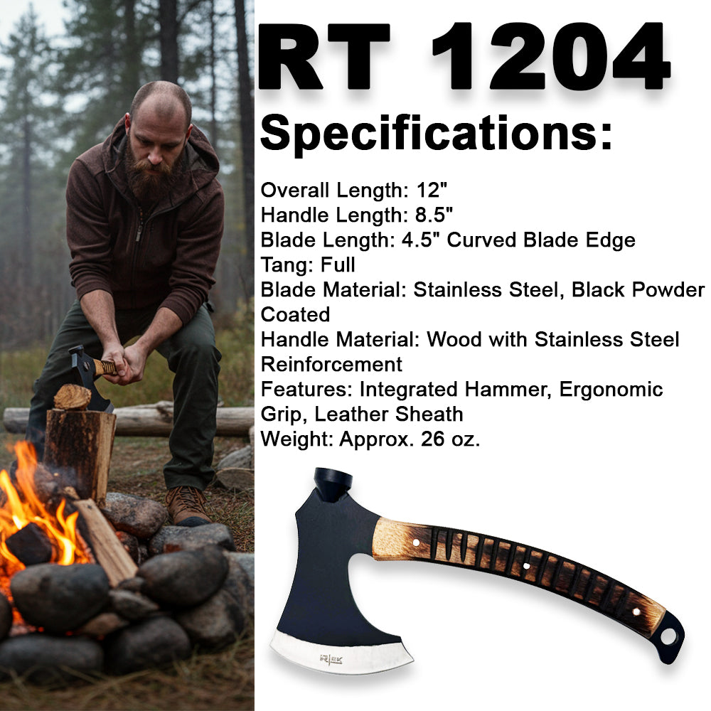 RT 1204 12" Rtek Wood Multi Tool Hammer Tactical Axe Hatchet with Leather Sheath