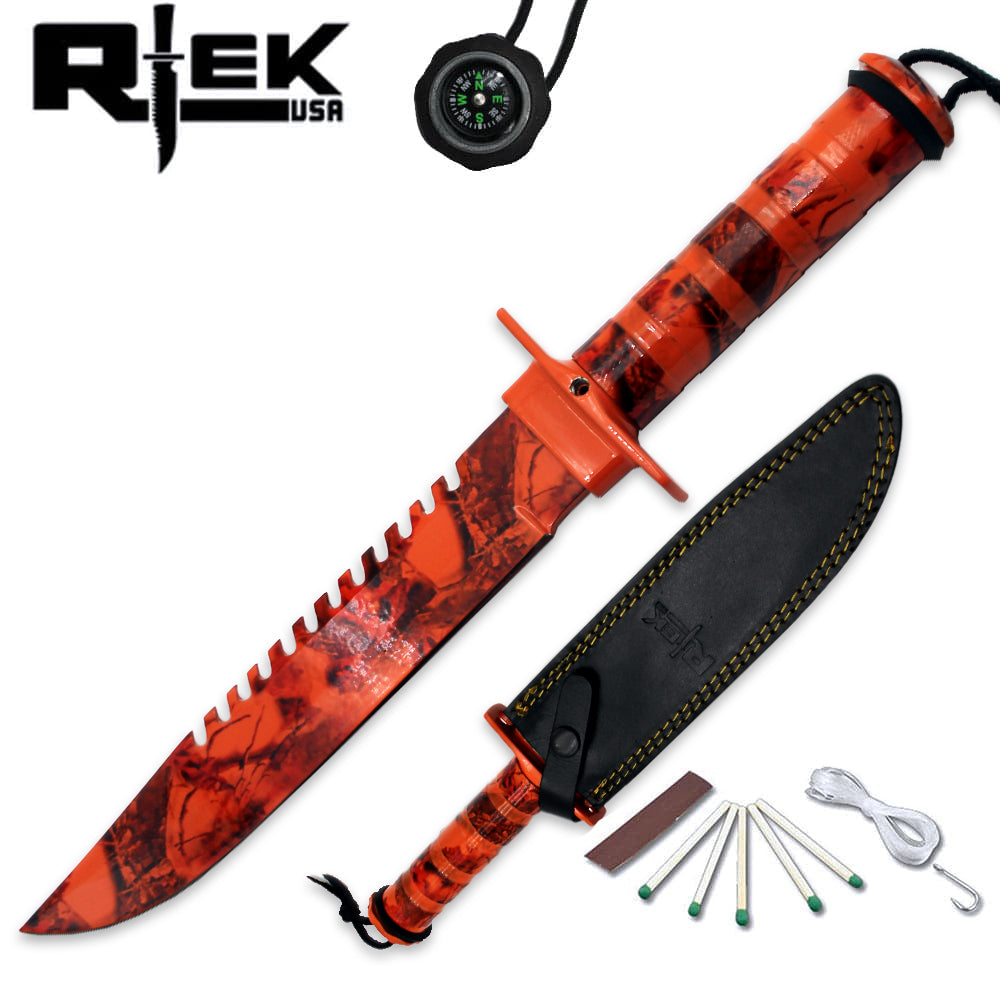 RT 2006-ORC 14" Rtek Survival Knife Saw-Back Blade with Kit, Compass, & Leather Sheath