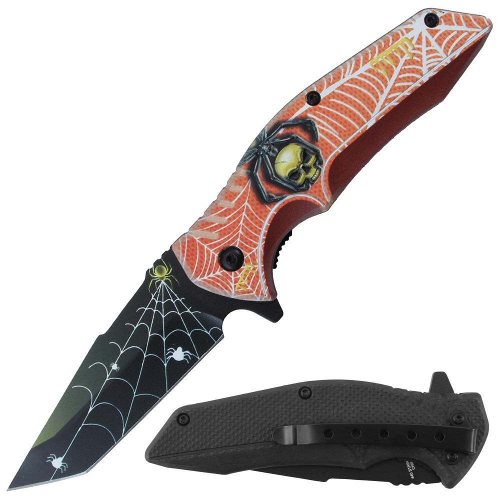 RT 7379-OR 4.5" Orange 3D Spider Print Assist-Open Folding Knife with Belt Clip