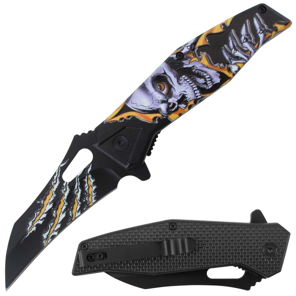 Yellow RT 7380-YL 4.5-inch assist-open 3D print skull folding knife with belt clip, spring-assisted tactical knife by Rex Distributor.