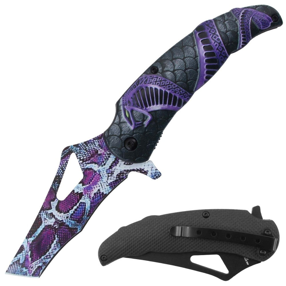 Purple Coba Snake Print folding knife with belt clip, spring-assisted tactical knife by Rex Distributor, Inc.