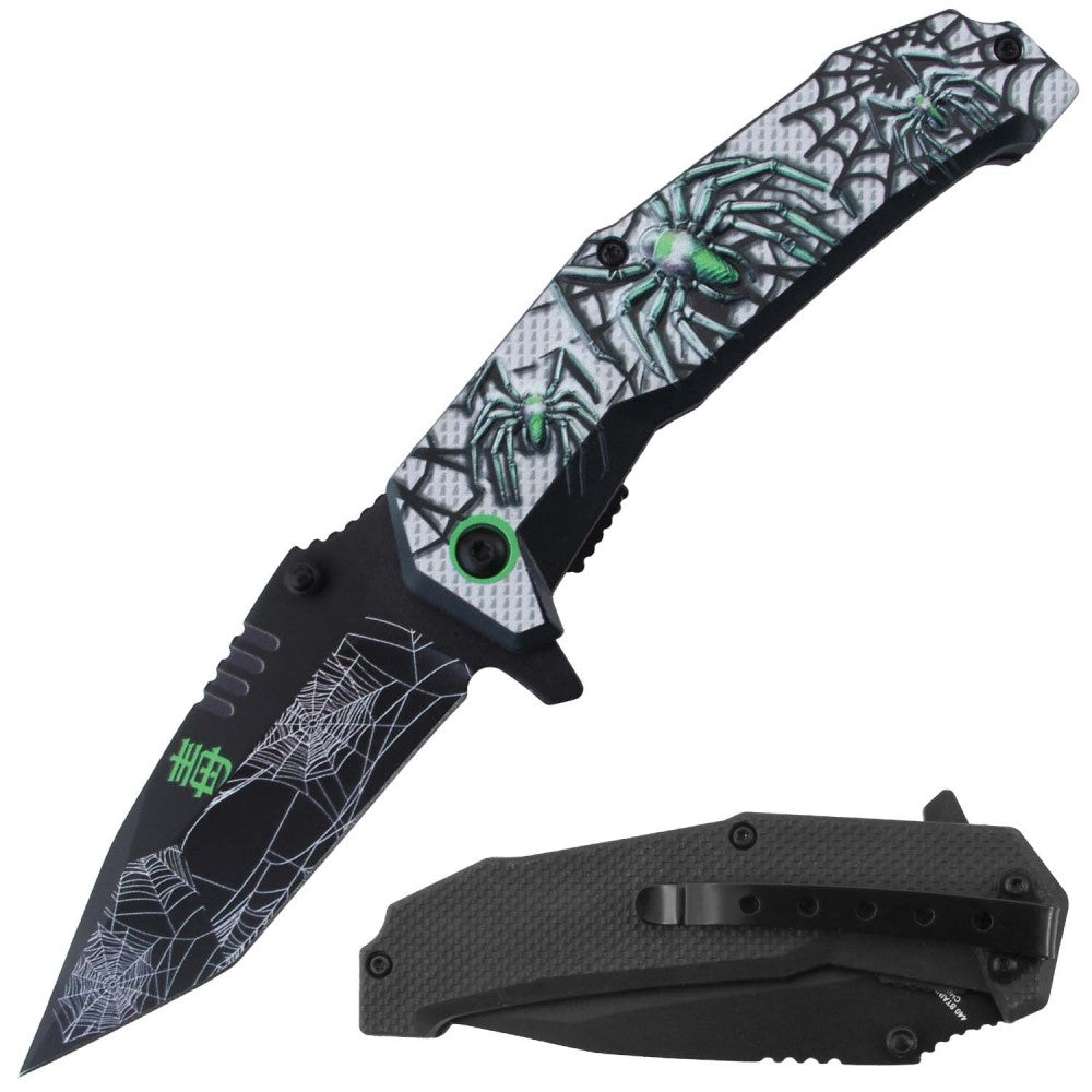 Green silver spider design folding knife with assist-open mechanism and belt clip, Rex RT 7383-GN spring assisted tactical knife.