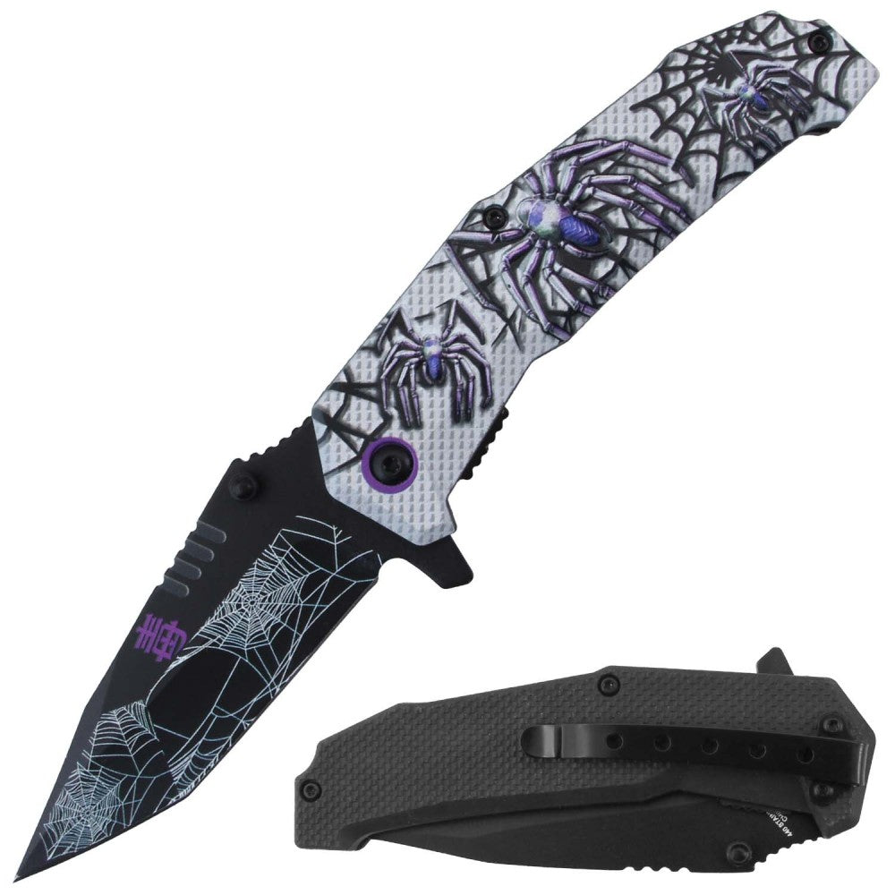RT 7383-PP 4.5" Purple Silver Spider Design Assist-Open Folding Knife with Belt Clip